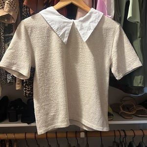 Zara Beige White Collared Short-Sleeve Sweater